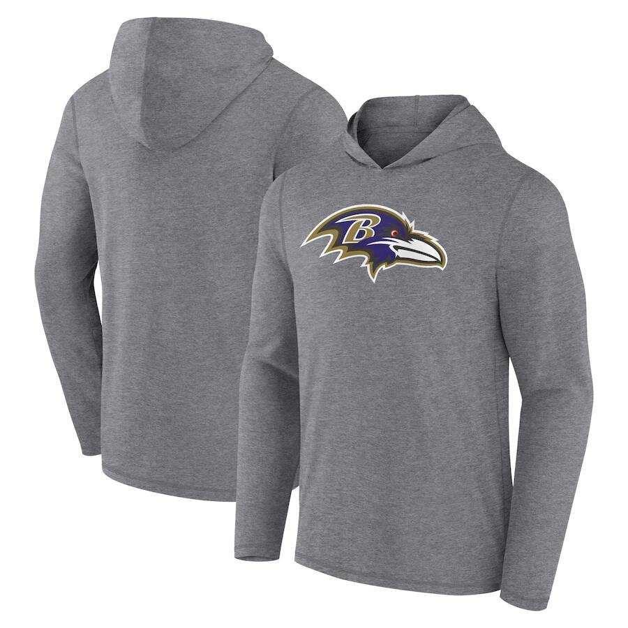 Men's Baltimore Ravens Heather Gray Primary Logo Long Sleeve Hoodie T-Shirt